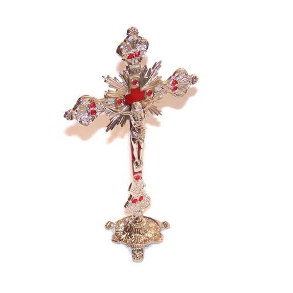 Holy Land Market Altar Table Crucifix - Church or Home Decor - Enamel Ornamented (Silver/Red Stones, 12 Inch)