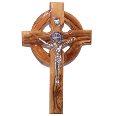 Holy Land Market Celtic and Saint Benedict Medal Handmade Wall Wood Cross Crucifix (6 Inches)