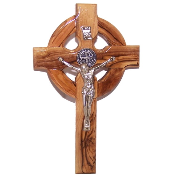Holy Land Market Celtic and Saint Benedict Medal Handmade Wall Wood Cross Crucifix (6 Inches)
