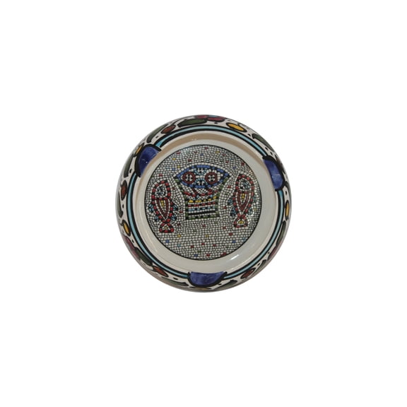 Holy Land Market Ceramic Round Ashtray with Fish and Loaves - Tabgha or Miracle of Multiplication (Fish and Bread) Design (4.5 Inches in Diameter) - Small - Asfour Outlet Trademark