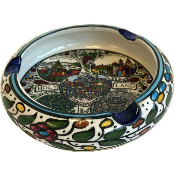 Holy Land Market Ceramic Round Ashtray with Holy Land Major Sites - Design (6 Inches in Diameter) - Asfour Outlet Trademark