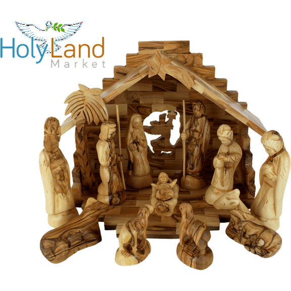 Holy Land Market Christmas Decorations Indoor - Inspirational Deluxe Olive Wood Nativity Set, Hand Carved by Christian Artisans in Bethlehem, Perfect Christmas Table Decor, 12 Piece Set