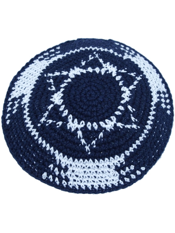 Dark Blue/White with Star of David17cm DMC 100% Knitted Cotton Kippah Jewish