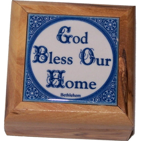 Holy Land Market First Communion Box - Rosary Box - Bethlehem Olive Wood (Ceramic - God Bless Our Home)