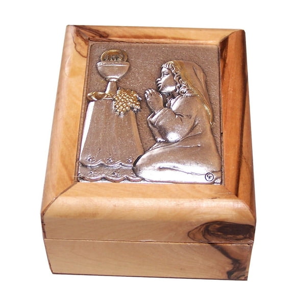 Holy Land Market First Communion Box - Rosary Box - Bethlehem Olive Wood (Metal - Holy Communion)