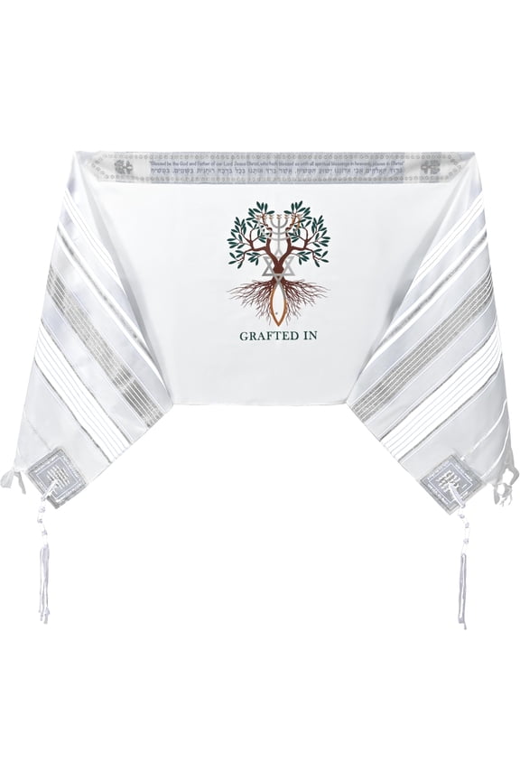 Grafted IN - Messianic Christian Prayer Shawl/Tallit Prayer Shawl - Creation and Restoration Talit (All White / Silver)