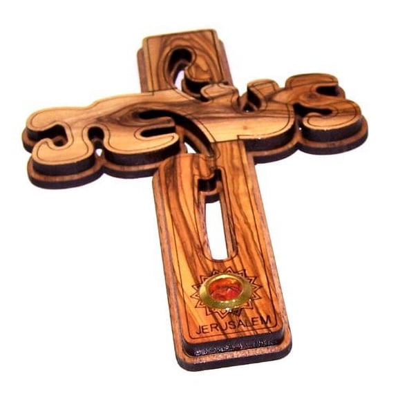Holy Land Market JESUS name olive wood Cross carved by Laser with Incense sample- Hanging (25 cm or 10 inches) Large/Certificate