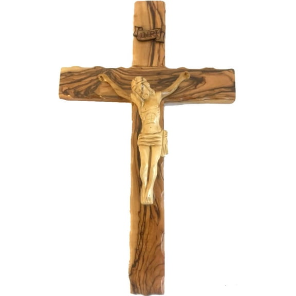 Holy Land Market Large Olive Wood Cross with Crucifix - All from Olive Wood from Bethlehem (14 inches or 35 cm)