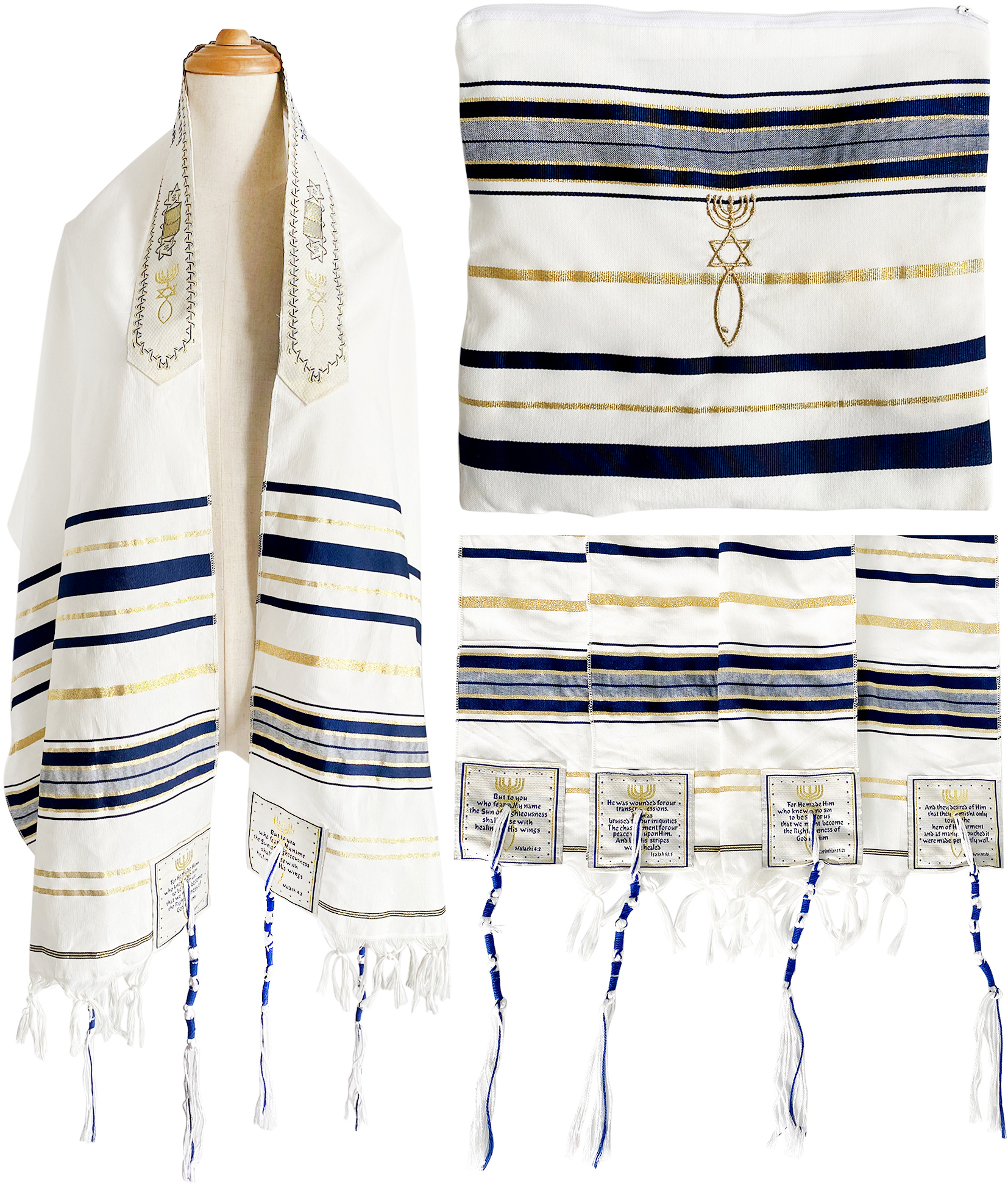 Châle De Prière Messianique (Tallit) Pour Femme - Broderie Hébraïque Et Anglaise, Sac Inclus - 183 X 56 Cm
