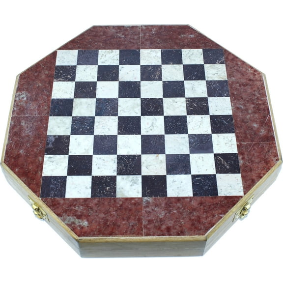 Holy Land Market Octagonal Shape Wooden Chess with Stones Inlay and Stone Chess Pieces. (12 x 12 Inch)