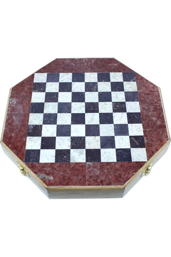 Octagonal Shape Wooden Chess with Stones Inlay and Stone Chess Pieces. (12 x 12 Inch)