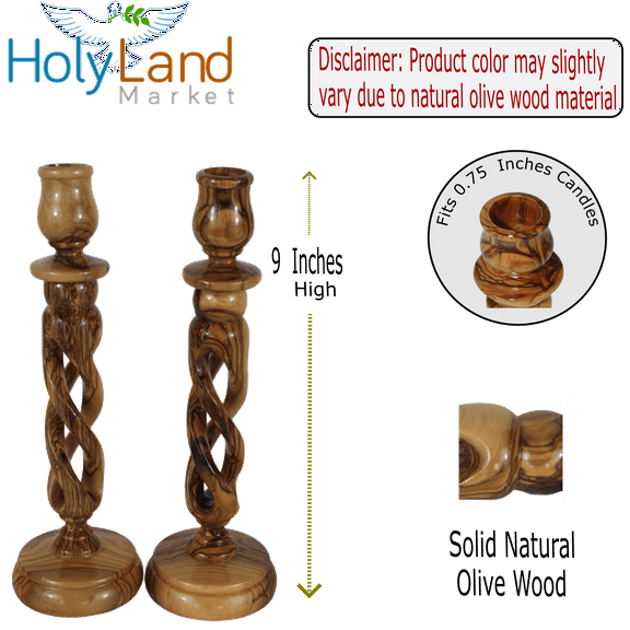 Holy Land Market Olive Wood Candle Holder Pair - Handmade 9 Inch Taper Candle Sticks, Inspirational Hollow Twist Design, 0.75 Inch Cup Diameter, Crafted by Christian Artisans in Bethlehem