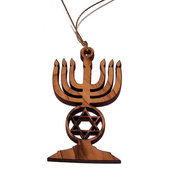 Holy Land Market Olive Wood Menorah with Star of David Ornament/Laser Large Pendant
