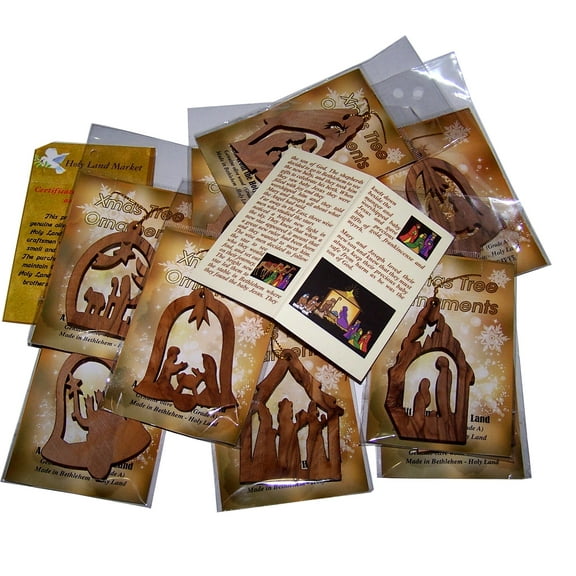 Holy Land Market Olive Wood Ornaments - Set of 12 Flat Christmas Decorations with Nativity Story Booklet, Inspirational Hand Carved Christmas Decor, Christian Christmas Ornaments from Bethlehem
