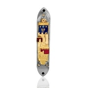 Holy Land Market Pewter Jerusalem Panorama or Walls of Old City with Blue and red Enamel Inserts - Mezuzah Golden