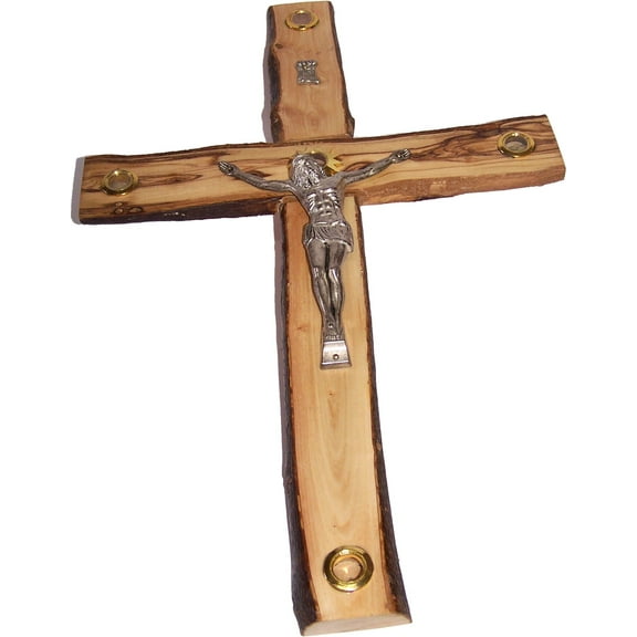 Holy Land Market Rugged with Rustic/bark Edges Olive Wood Cross/Crucifix from Bethlehem - Large (13.5 x 8 Inches)