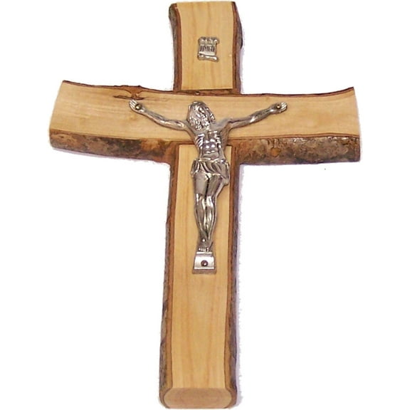 Holy Land Market Rugged with Rustic/bark Edges Olive Wood Cross/Crucifix from Bethlehem - Large (7 x 5 Inches)