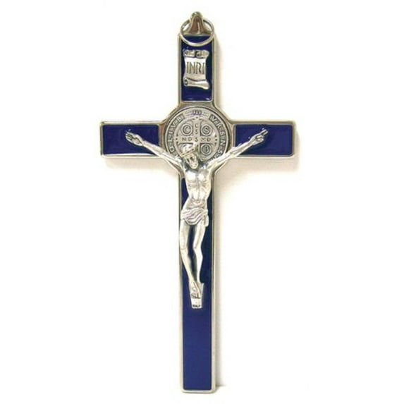 Holy Land Market Saint Benedict Crucifix - All Metal with Inlaid Enamel and Silver Corpus - 8'' in Height - Many Colors - Made in Italy (Blue)