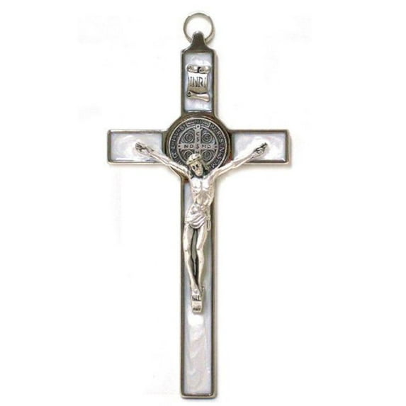 Holy Land Market Saint Benedict Crucifix - All Metal with Inlaid Enamel and Silver Corpus - 8'' in Height - Many Colors - Made in Italy (White)