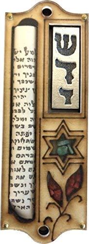 Holy Land Market Shedai/Star of David wooden Mezuzah with Israel Gemstones - 3 layers Wooden Mezuzah (10 cm or 4 inches)