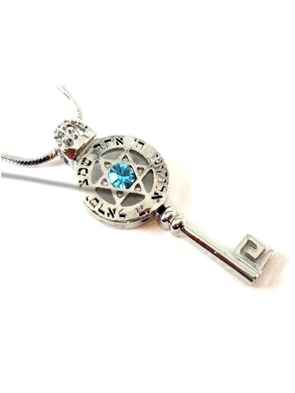 Shema Israel prayer on Key with Star of David and stone necklace with long chain - Rhodium plated