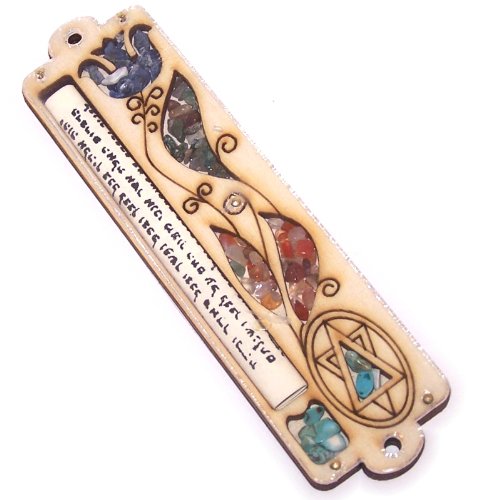 Holy Land Market Star of David Mezuzah with Israel Gemstones - 3 layers Wooden Mezuzah (14.5cm or 5.8 inches) - fits up to 4 Inch Klaf - image 1 of 1