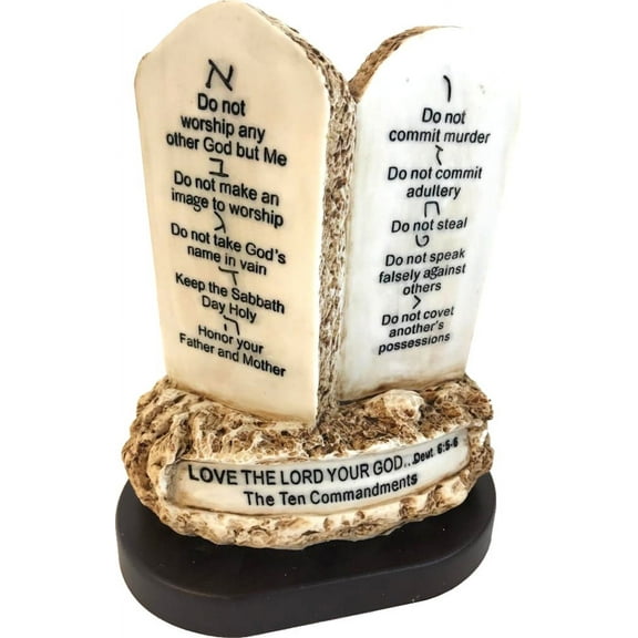 Holy Land Market Ten (10) Commandments Tablets or Decalogue Given to Moses on Mount Horeb - Resin on Wooden Base (6.5 Inches Tall)