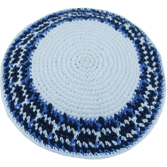 Holy Land Market White/Blue Model III, 17cm DMC 100% Knitted Cotton Kippah Yarmulke Skullcap