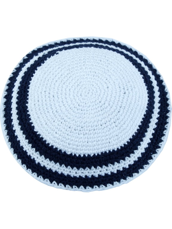 White/Dark Blue, 17cm DMC 100% Knitted Cotton Kippah Torah Chabad Yarmulke