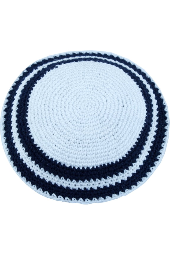 White/Dark Blue, 17cm DMC 100% Knitted Cotton Kippah Torah Chabad Yarmulke