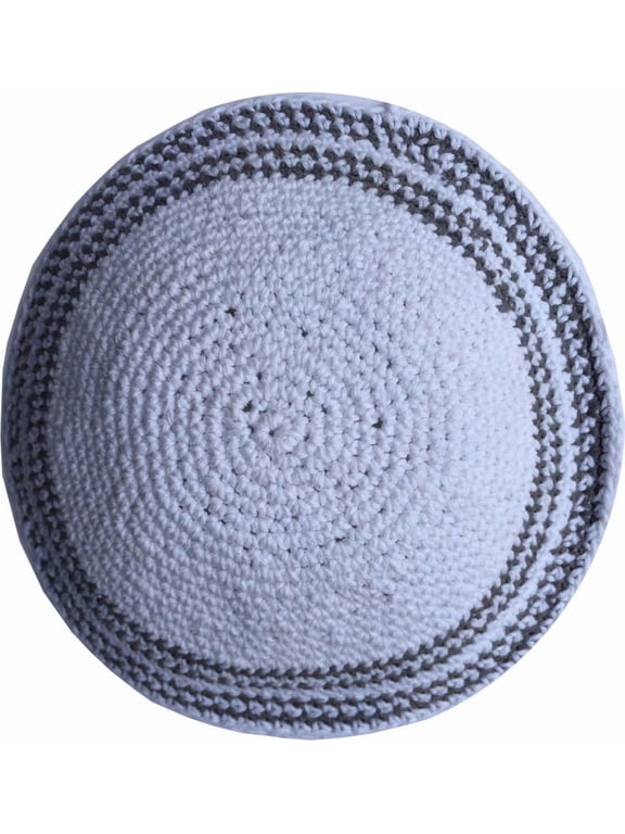White/Grey Lines 17cm DMC 100% Knitted Cotton Kippah Torah Chabad Yarmulke