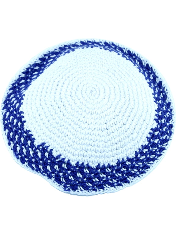 White/Royal Blue Model II, 17cm DMC 100% Knitted Cotton Kippah Skullcap Jewish