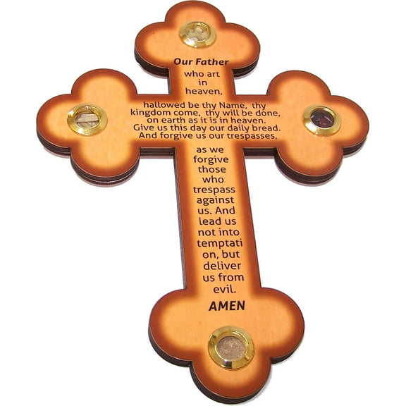 Holy Land Market Wooden Cross with Lord Prayer Art on top and 4 Samples from The Holy Land (9.2 inches)
