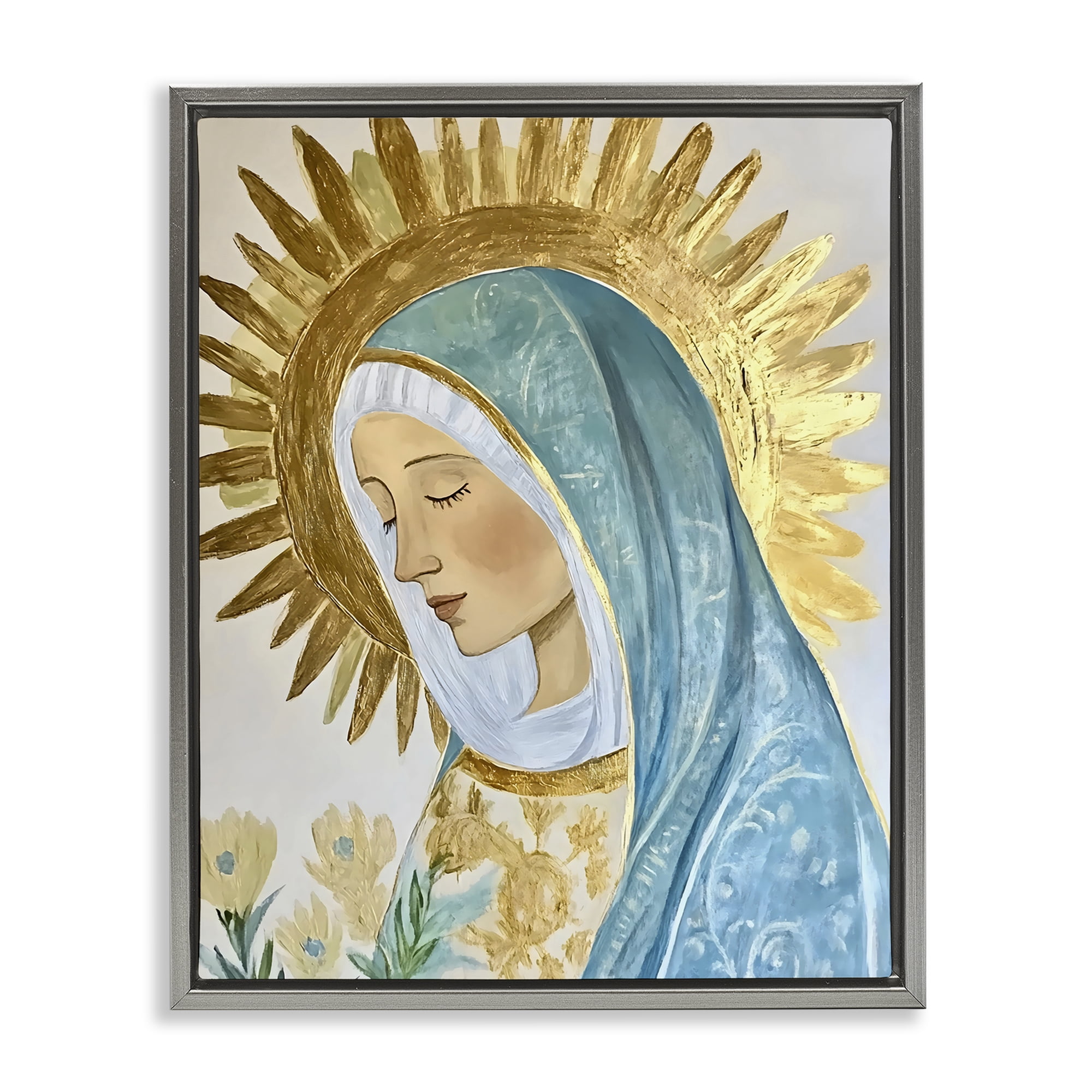 Holy Mary In Gold Gray Framed Floater Canvas Wall Art, design by Franklyn Gregory