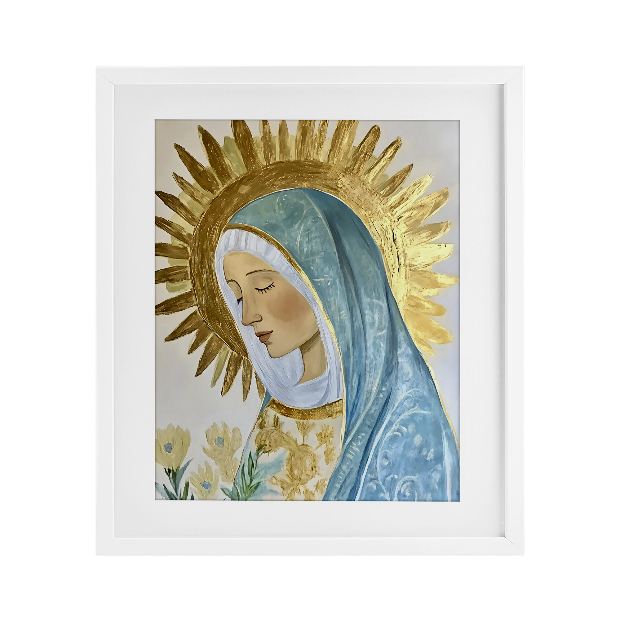 Holy Mary In Gold White Framed Print Under Glass, design by Franklyn Gregory