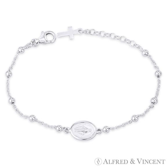 Holy Mother Mary Miraculous Medal, 3mm Ball Bead, & 1.3mm Rolo Chain Italian Charm Anklet in .925 Sterling Silver