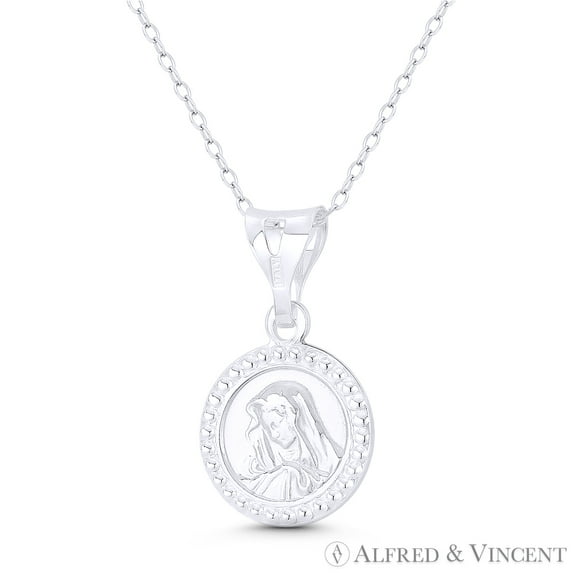 Holy Mother Virgin Mary 25x15mm (1x0.6in) Button Pendant & Chain Necklace in .925 Sterling Silver