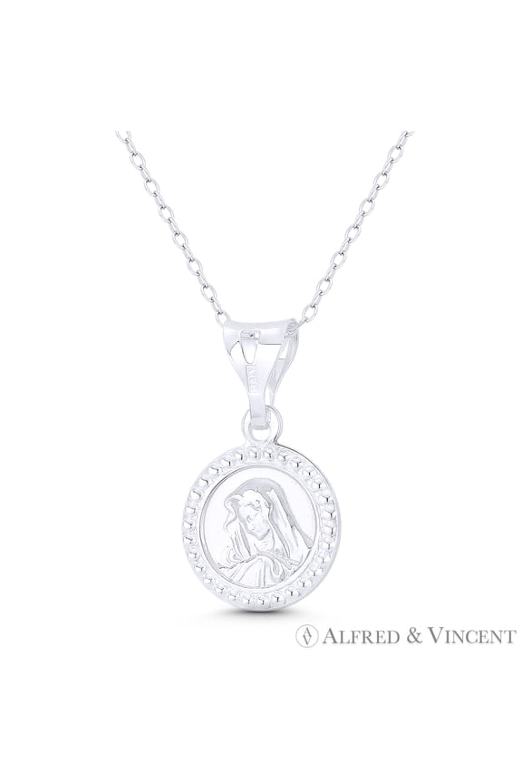 Holy Mother Virgin Mary 25x15mm (1x0.6in) Button Pendant & Chain Necklace in .925 Sterling Silver