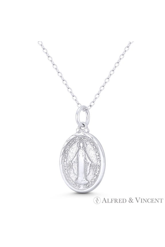 Holy Mother Virgin Mary & Marian Cross 25x14mm (1x0.55in) Miraculous Medal Pendant & Chain Necklace in .925 Sterling Silver