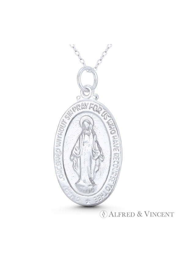 Holy Mother Virgin Mary & Marian Cross 37x20mm (1.5x0.8in) Miraculous Medal Pendant in .925 Sterling Silver
