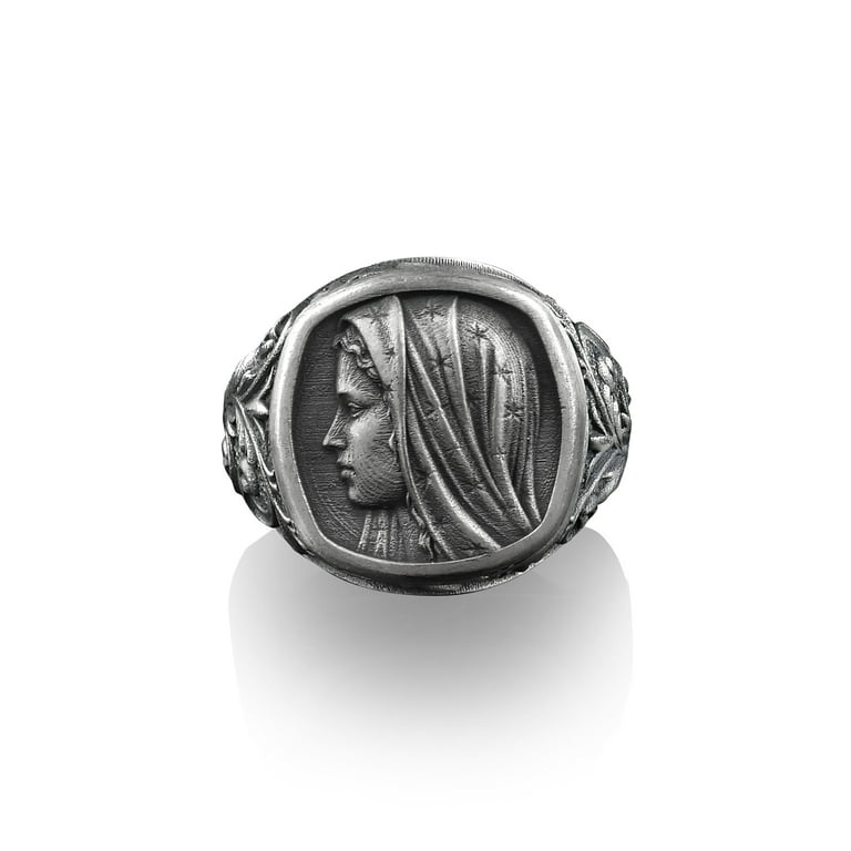 Holy Mother Virgin Mary, Sterling Silver Square Signet Ring 
