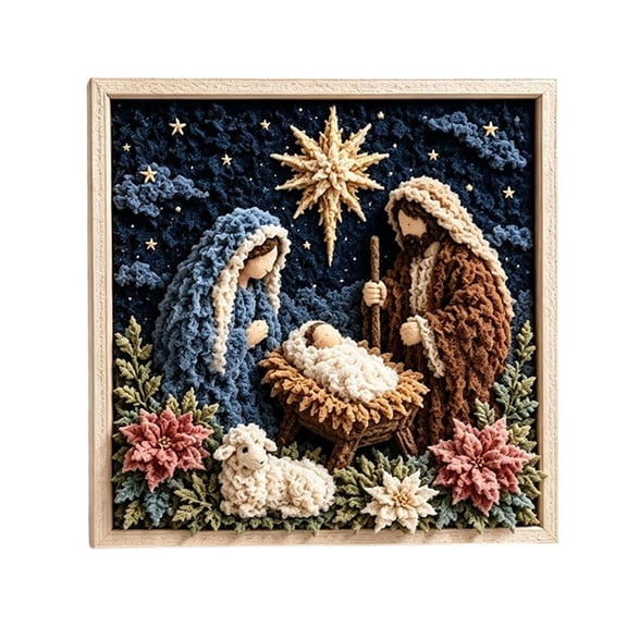 3D Christian No-Sew Fabric Art Kit, Holy Night Nativity Scene DIY Poke Craft with Wood Frame, 8.66 x 8.66 in
