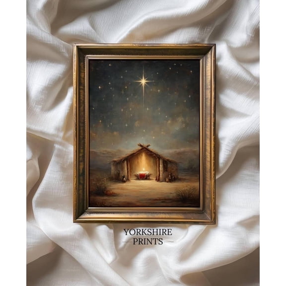 Holy Night Nativity Scene Wall Art Print, Bethlehem Star And Rustic Christian Christmas Decor