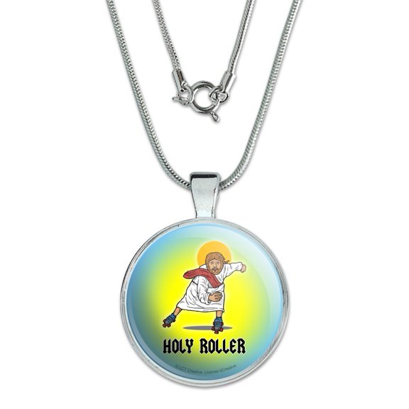 Holy Roller Jesus Roller Skating Funny Humor 1" Pendant with Sterling Silver Plated Chain
