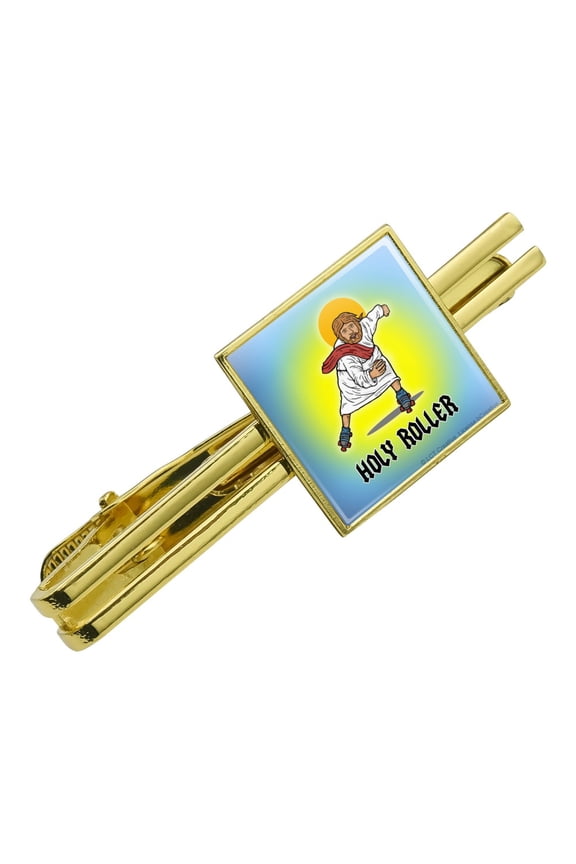 Holy Roller Jesus Roller Skating Funny Humor Square Tie Bar Clip Clasp Tack- Silver or Gold
