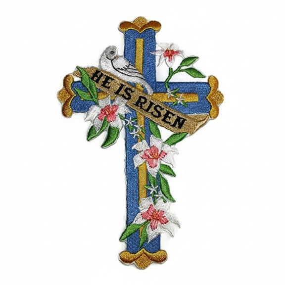Holy Sacred Cross [He is Risen] Embroidery Iron On/Sew Patch [6.0" x 4.1"]