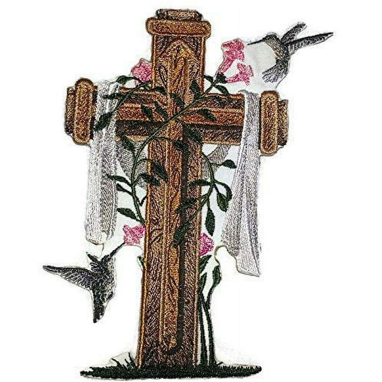 Holy Sacred Cross and Hummingbirds Embroidery Iron On/Sew Patch [6.5 x  4.85] 