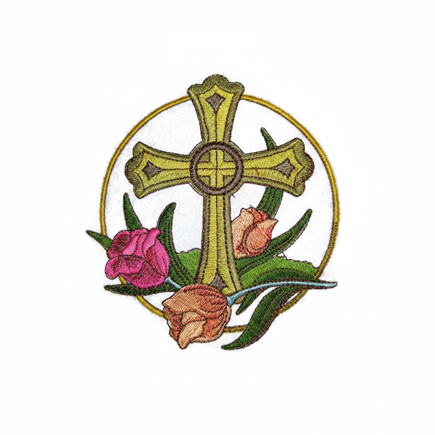 Holy Sacred Cross and Tulip Embroidery Iron On/Sew patch [5" x 5.15"]