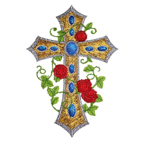 Holy Sacred Cross and Winding Roses Embroidery Iron On/Sew patch [7" x 4.76"]