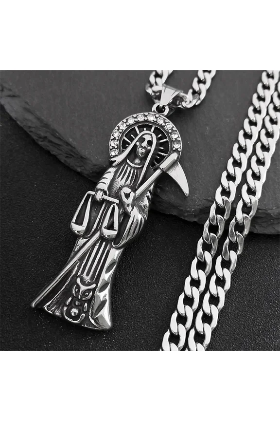 Holy Saint Death Santa Muerte Grim Reaper Necklace for Men 14K White Gold Silver Color Male Necklaces Jewelry Gift